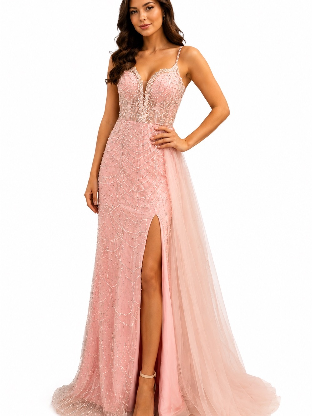 Pink Beaded Spaghetti-Strap Evening Gown